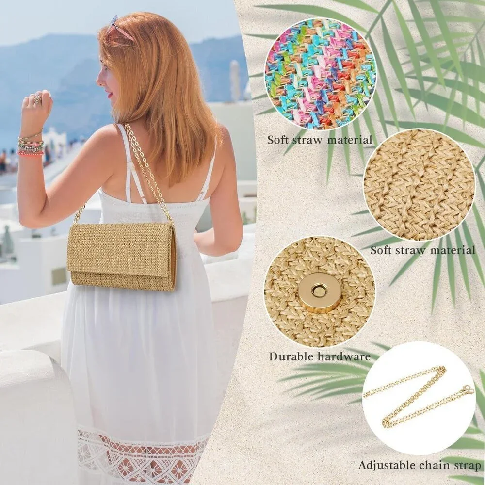 Straw Clutch Purse Shoulder Bag Envelope Style Summer Beach Travel Accessory